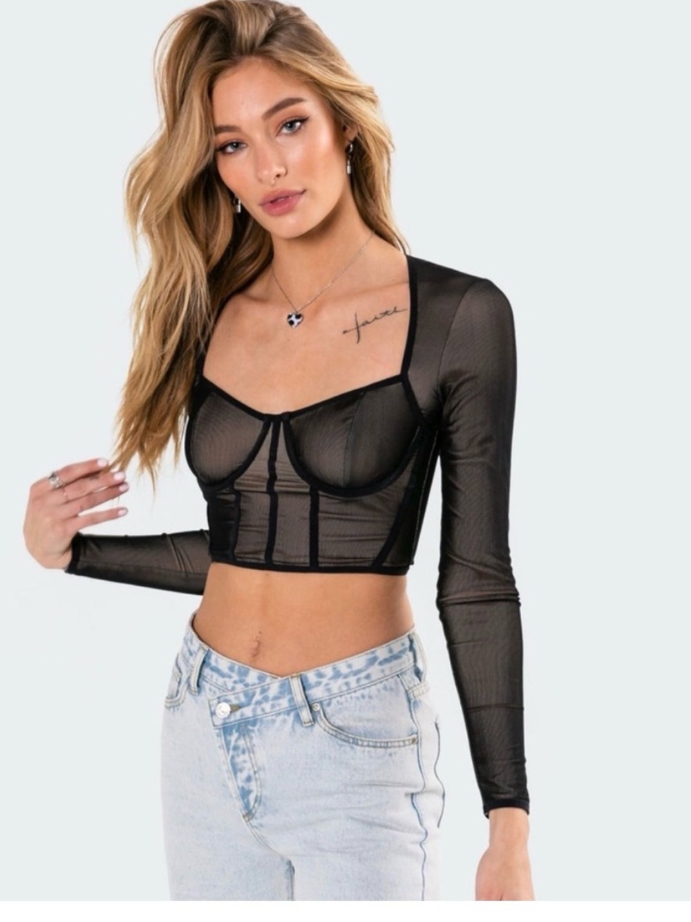 EDIKTED Megan Corset Boning Crop LS Top Black Mesh Nude Underwire Accent NWOT M - Picture 3 of 14